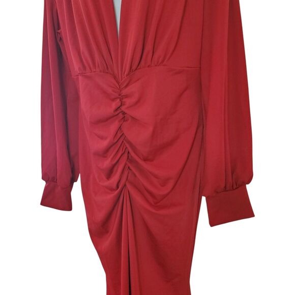 Bodycon Cocktail Maxi Dress V-Neck Bishop Sleeve High Split Ruched Red Formal - Picture 4 of 10
